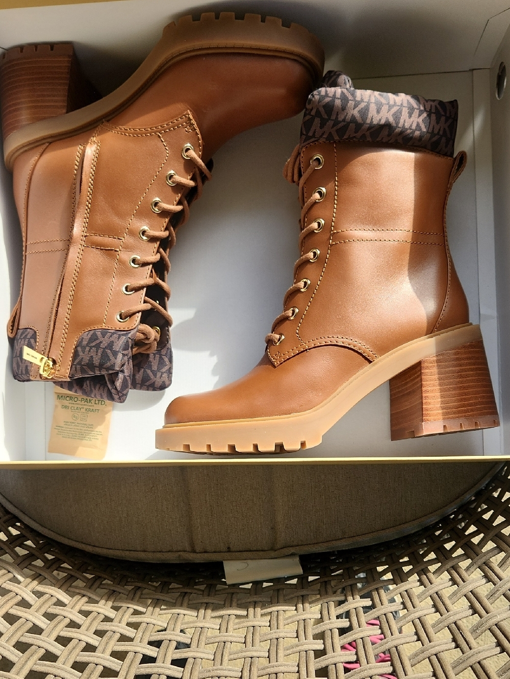 Michael Kors Tan Leather Lace-Up Block Heel Boots with MK Print Cuff